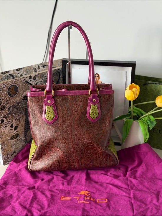 Etro Handbags - ETRO Paisley Leather Tote Bag Made in Italy Pink Green Dust Bag